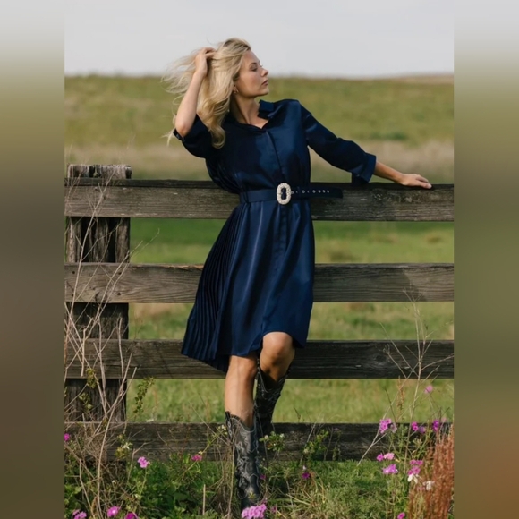 Aleeza Elegant Marquis Navy Belted Midi Dress With Pleats - Picture 4 of 9